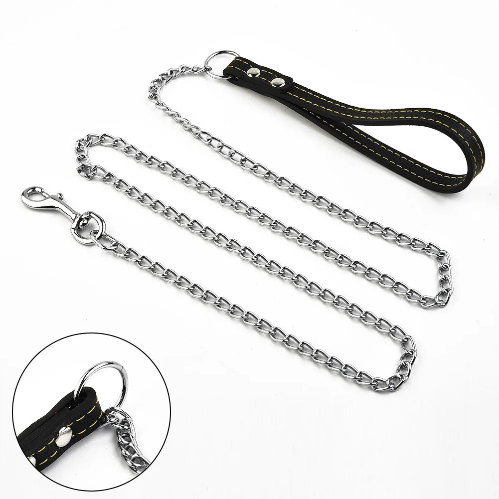 Metal Chain Dog Lead w/ Comfy Leather Grip